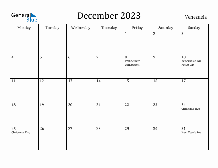 December 2023 Calendar Venezuela