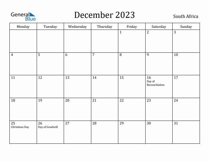 December 2023 Calendar South Africa