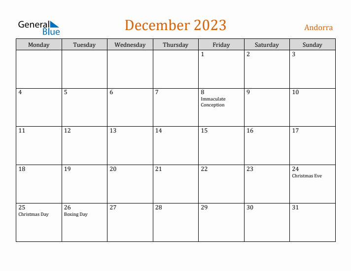 December 2023 Holiday Calendar with Monday Start