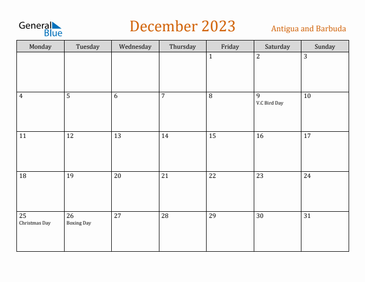 December 2023 Holiday Calendar with Monday Start