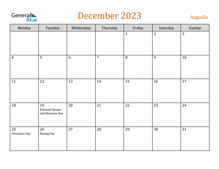 December 2023 Holiday Calendar with Monday Start