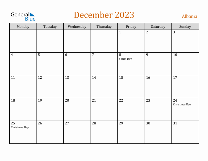 December 2023 Holiday Calendar with Monday Start