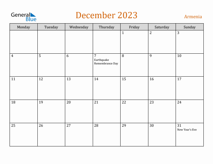 December 2023 Holiday Calendar with Monday Start