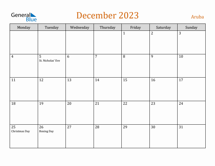 December 2023 Holiday Calendar with Monday Start