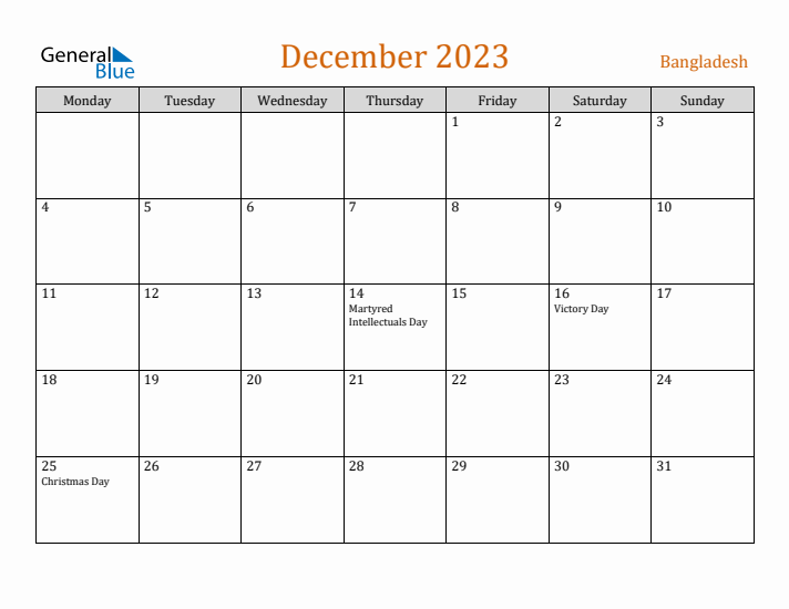 December 2023 Holiday Calendar with Monday Start