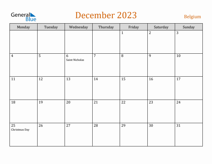 December 2023 Holiday Calendar with Monday Start