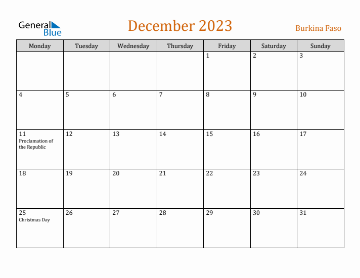 December 2023 Holiday Calendar with Monday Start