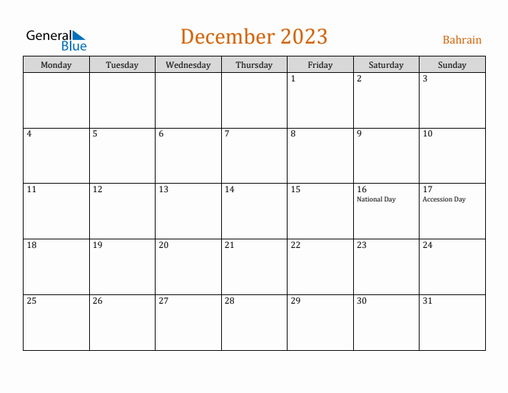 December 2023 Holiday Calendar with Monday Start