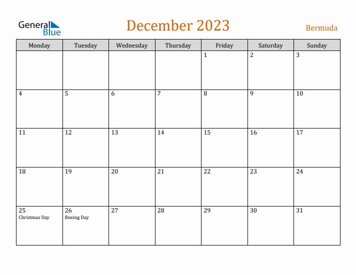 December 2023 Holiday Calendar with Monday Start