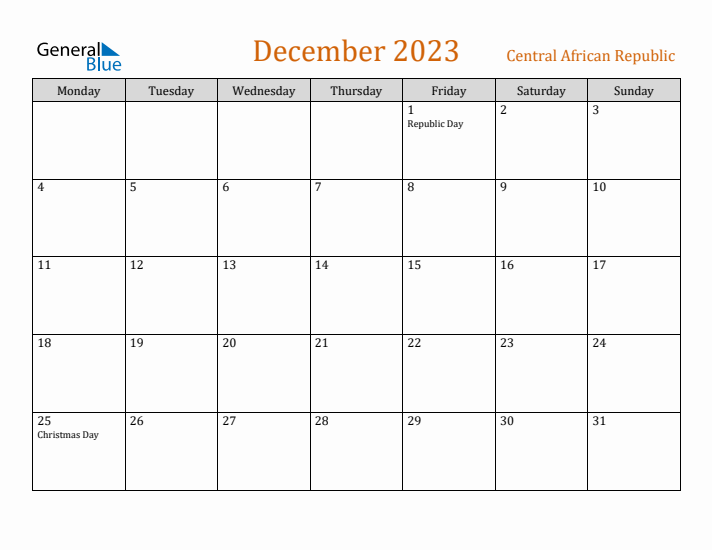 December 2023 Holiday Calendar with Monday Start