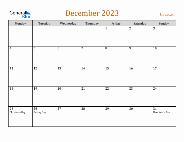 December 2023 Holiday Calendar with Monday Start