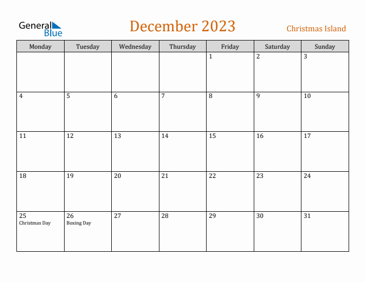 December 2023 Holiday Calendar with Monday Start