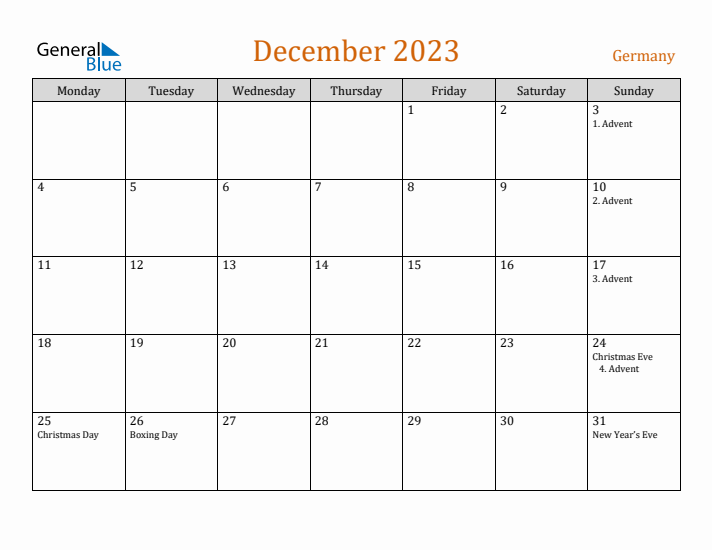 December 2023 Holiday Calendar with Monday Start