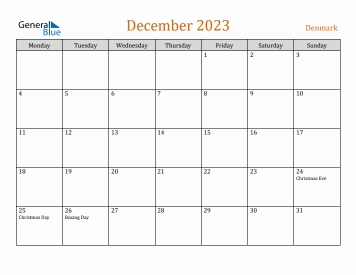 December 2023 Holiday Calendar with Monday Start