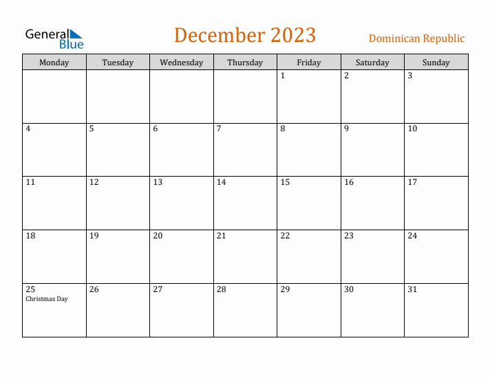 December 2023 Holiday Calendar with Monday Start