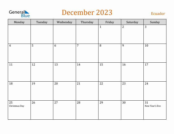 December 2023 Holiday Calendar with Monday Start