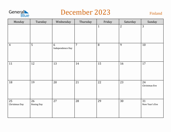 December 2023 Holiday Calendar with Monday Start