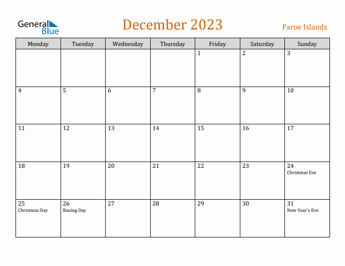 December 2023 Holiday Calendar with Monday Start