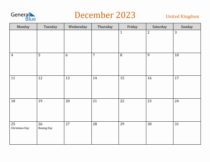 December 2023 Holiday Calendar with Monday Start