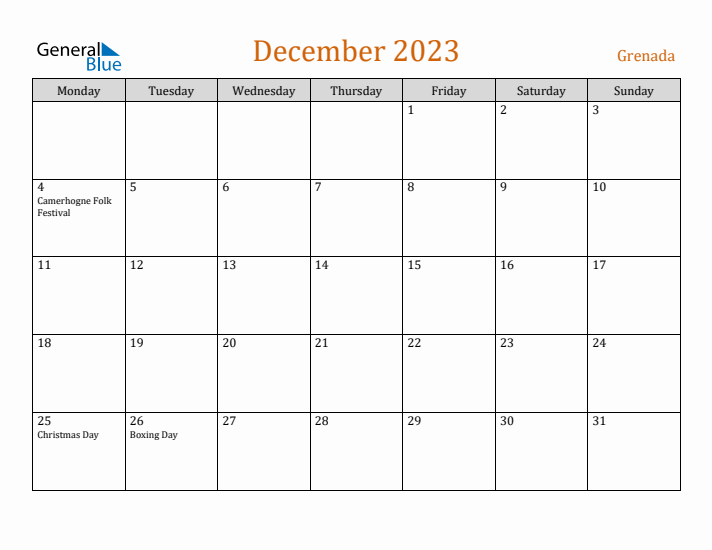 December 2023 Holiday Calendar with Monday Start