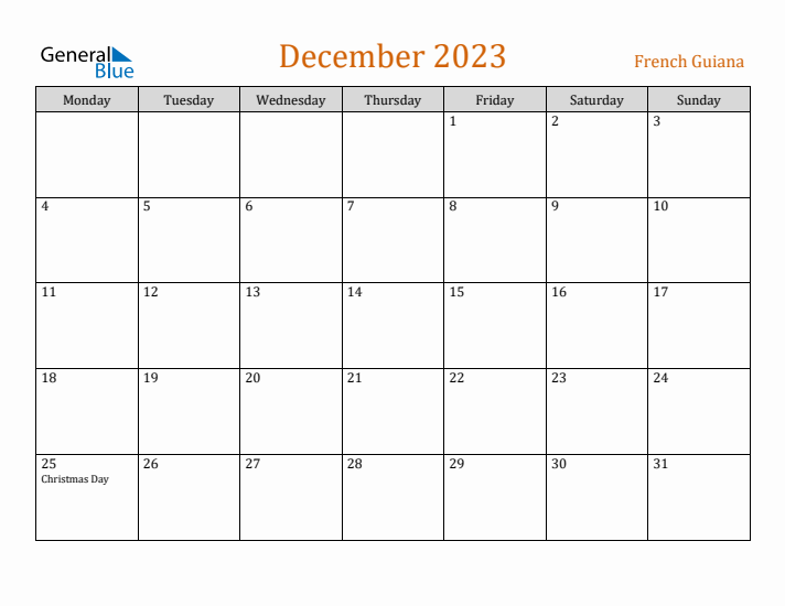 December 2023 Holiday Calendar with Monday Start