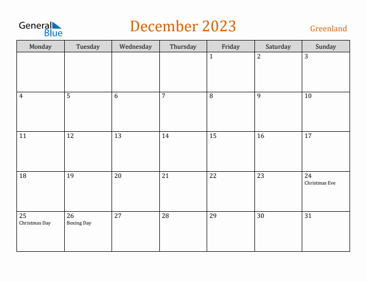 December 2023 Holiday Calendar with Monday Start