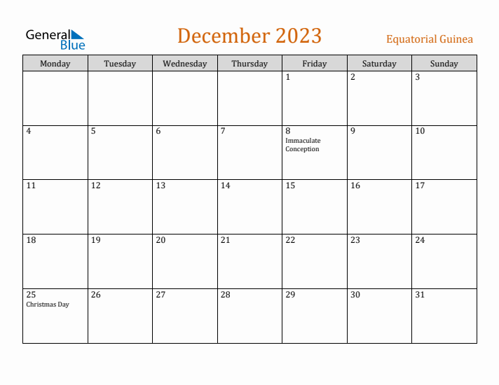 December 2023 Holiday Calendar with Monday Start