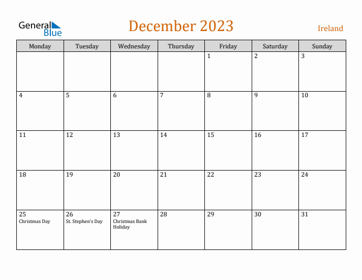 December 2023 Holiday Calendar with Monday Start