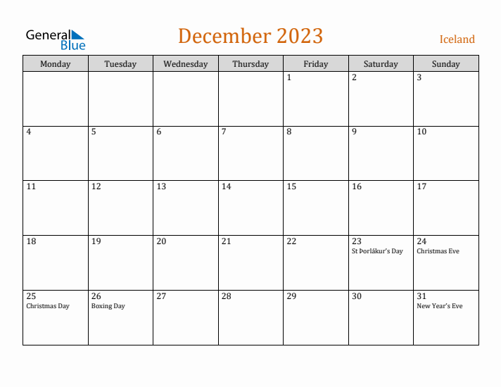 December 2023 Holiday Calendar with Monday Start