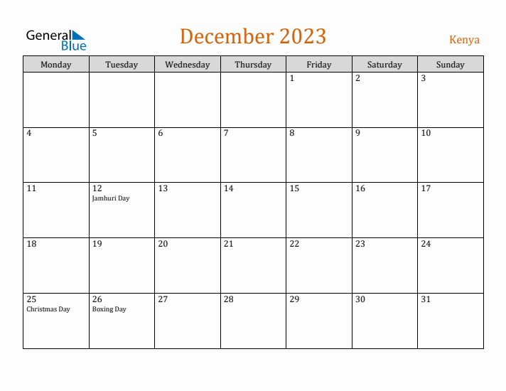 December 2023 Holiday Calendar with Monday Start