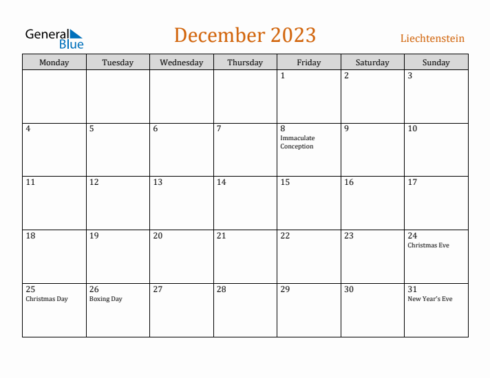 December 2023 Holiday Calendar with Monday Start