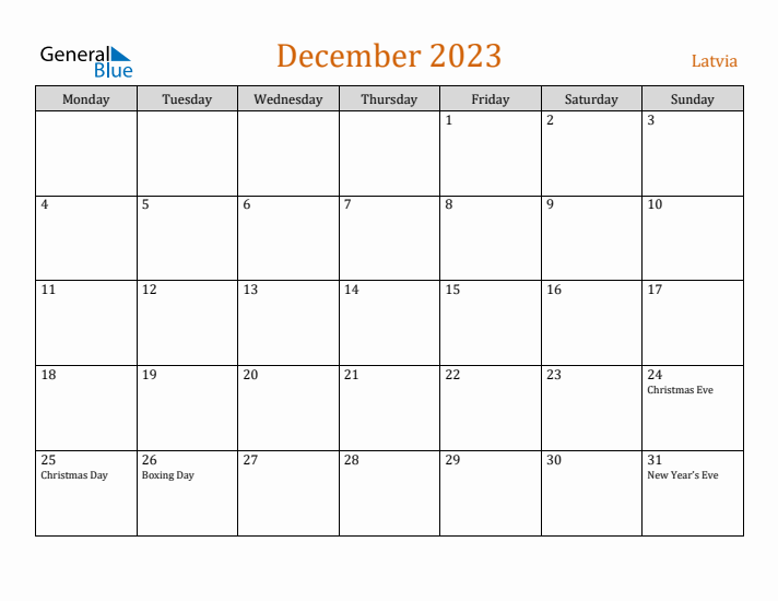 December 2023 Holiday Calendar with Monday Start