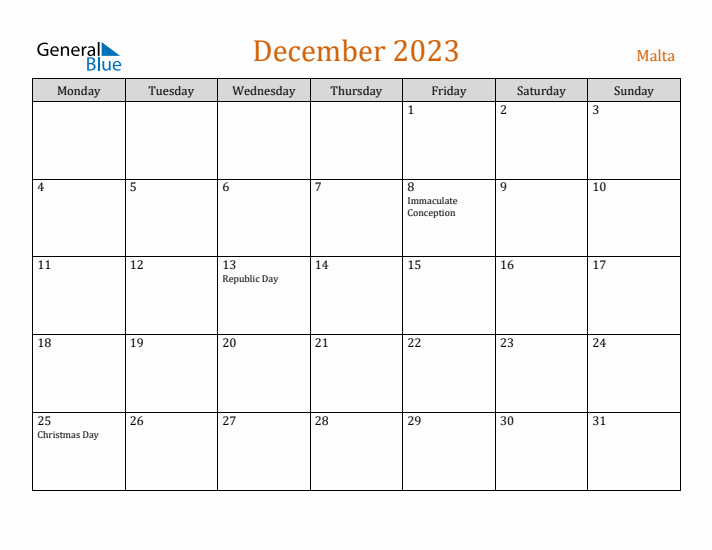 December 2023 Holiday Calendar with Monday Start