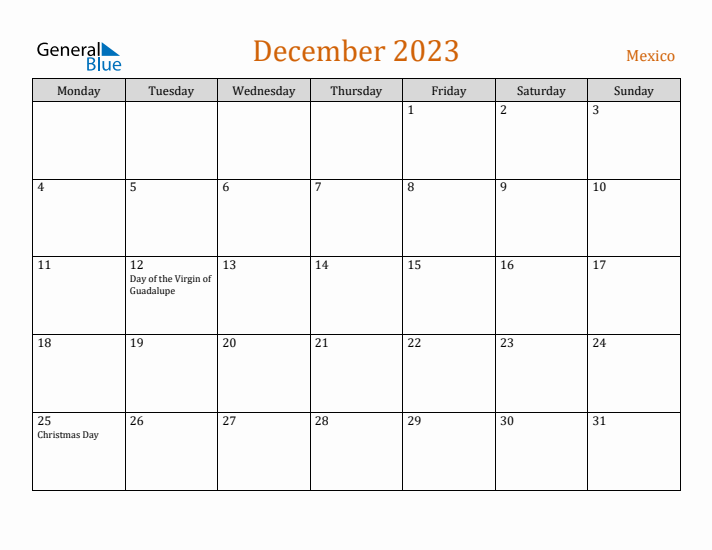 December 2023 Holiday Calendar with Monday Start