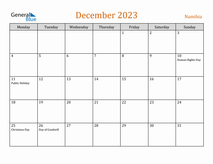 December 2023 Holiday Calendar with Monday Start