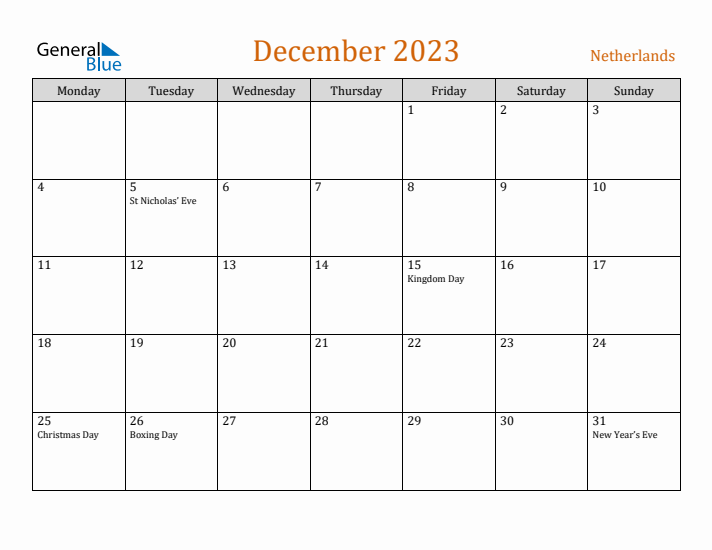 December 2023 Holiday Calendar with Monday Start