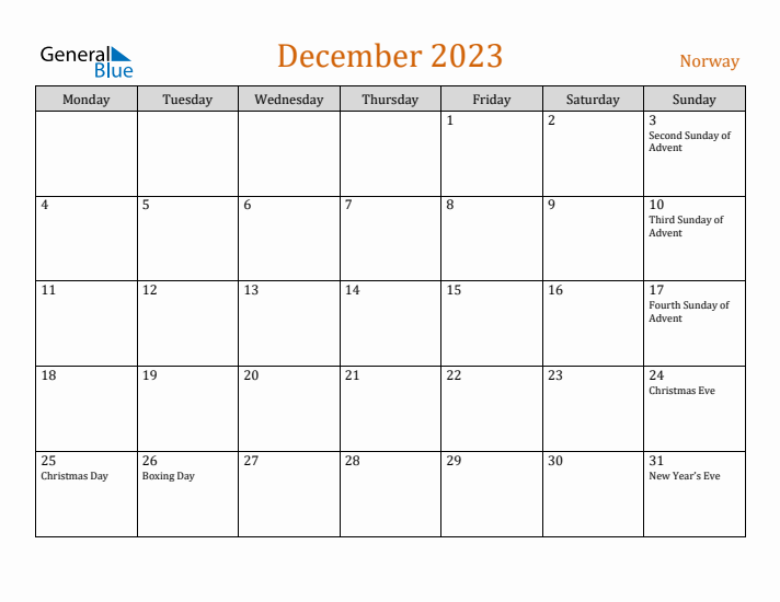 December 2023 Holiday Calendar with Monday Start