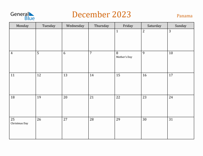 December 2023 Holiday Calendar with Monday Start