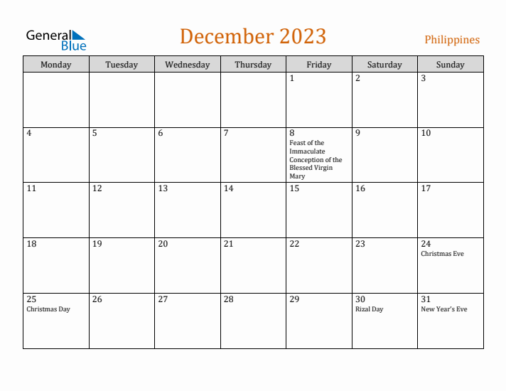 December 2023 Holiday Calendar with Monday Start