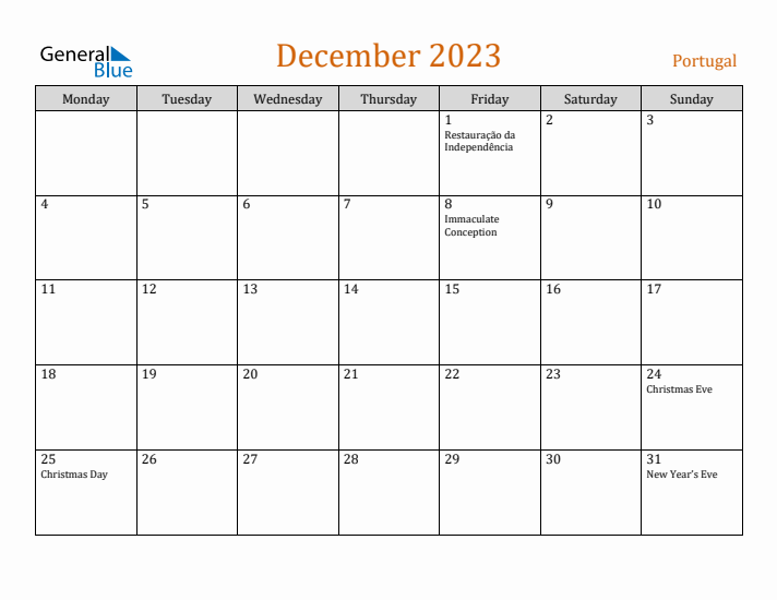 December 2023 Holiday Calendar with Monday Start