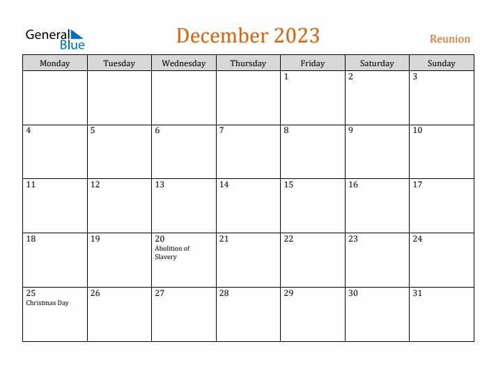 December 2023 Holiday Calendar with Monday Start