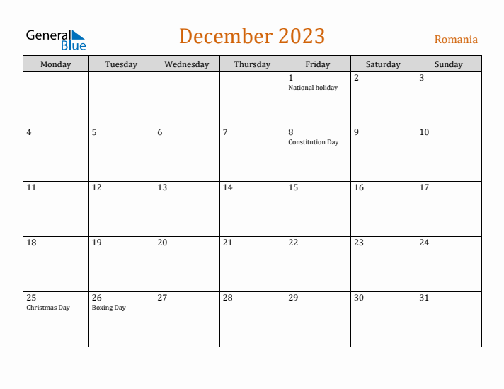 December 2023 Holiday Calendar with Monday Start