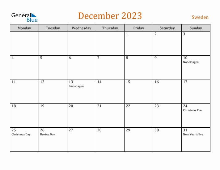 December 2023 Holiday Calendar with Monday Start