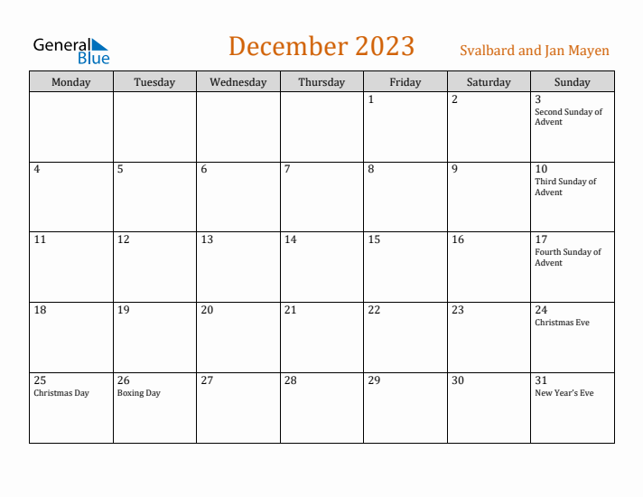 December 2023 Holiday Calendar with Monday Start