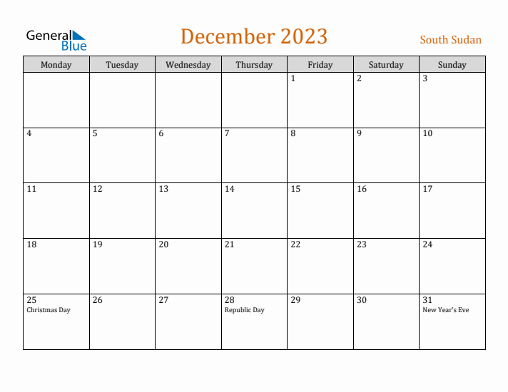 December 2023 Holiday Calendar with Monday Start