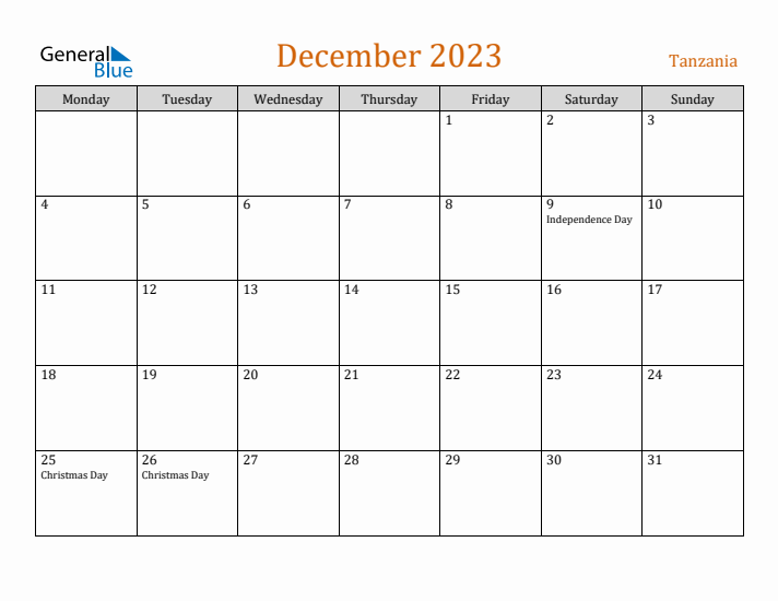 December 2023 Holiday Calendar with Monday Start