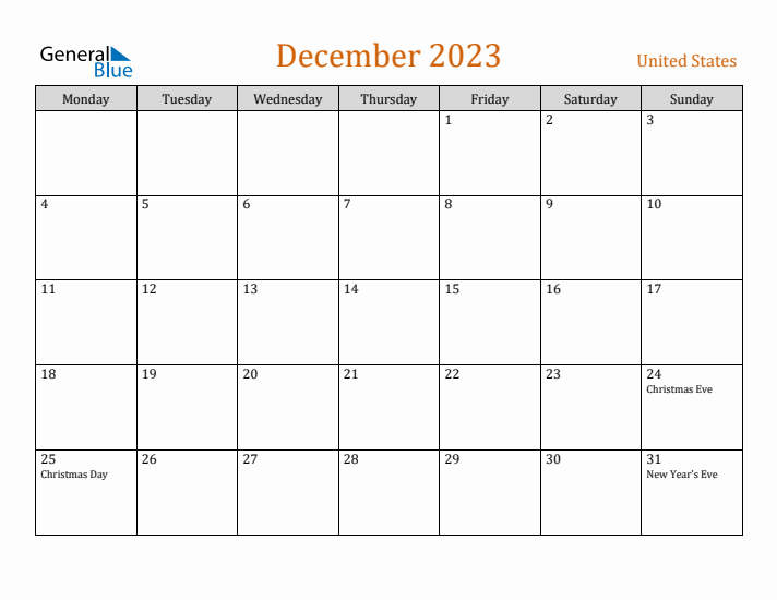 December 2023 Holiday Calendar with Monday Start