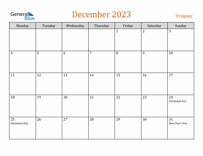 December 2023 Holiday Calendar with Monday Start