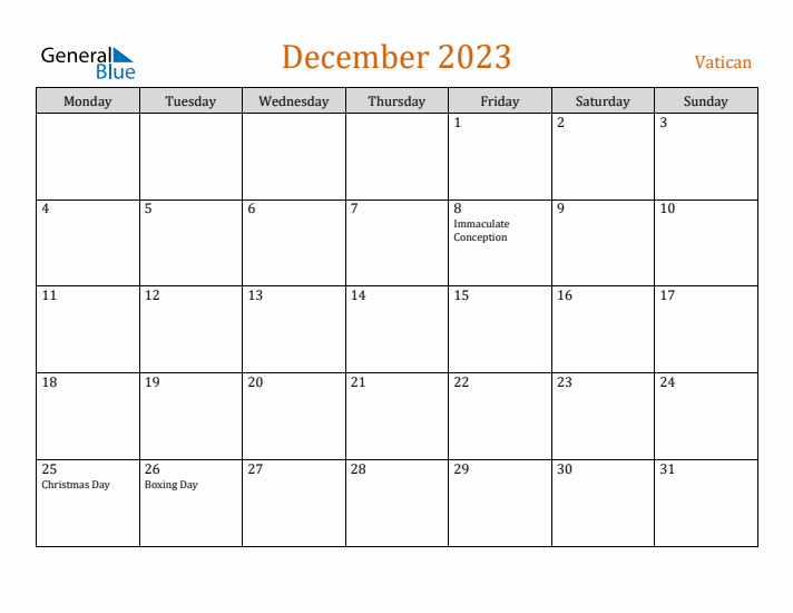 December 2023 Holiday Calendar with Monday Start