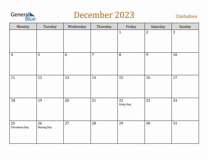 December 2023 Holiday Calendar with Monday Start